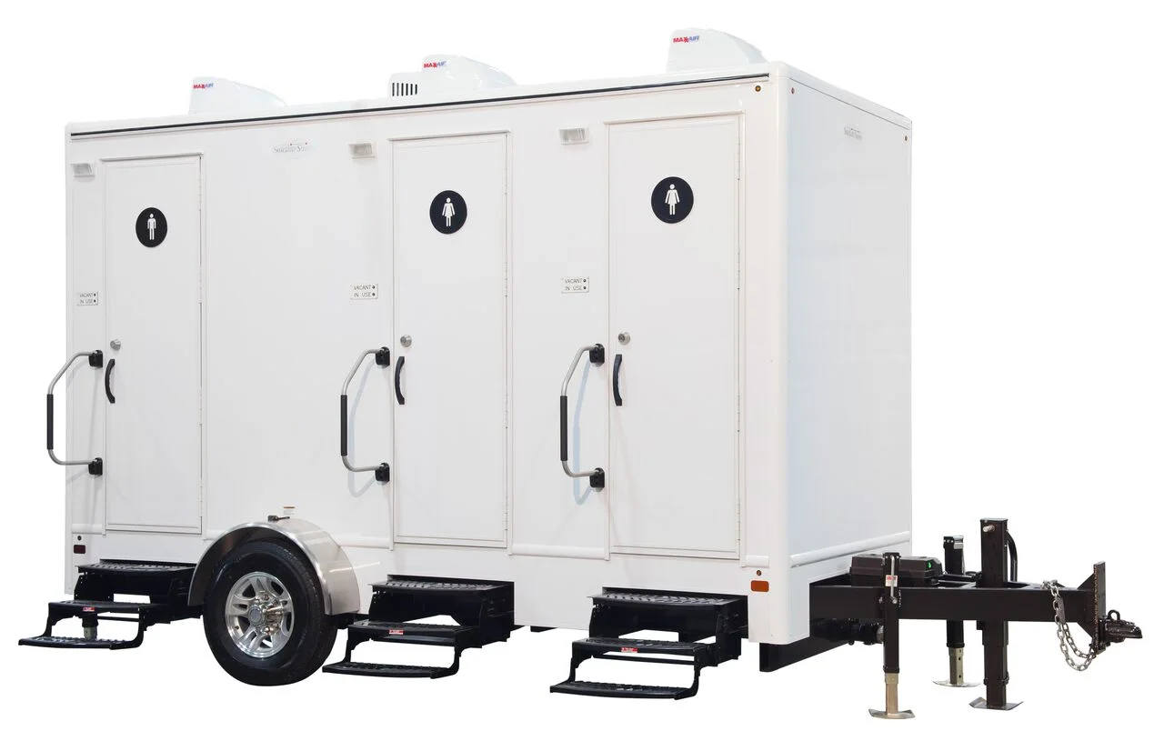 Three-stall portable restroom trailer, exterior