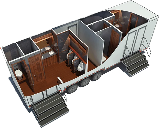 Cutaway view of a Black Tie restroom trailer interior