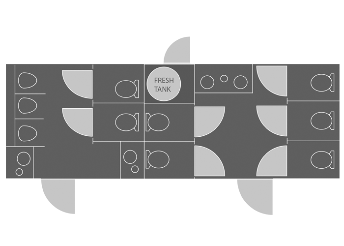Layout of the 28-ft Black Tie restroom trailer rental.