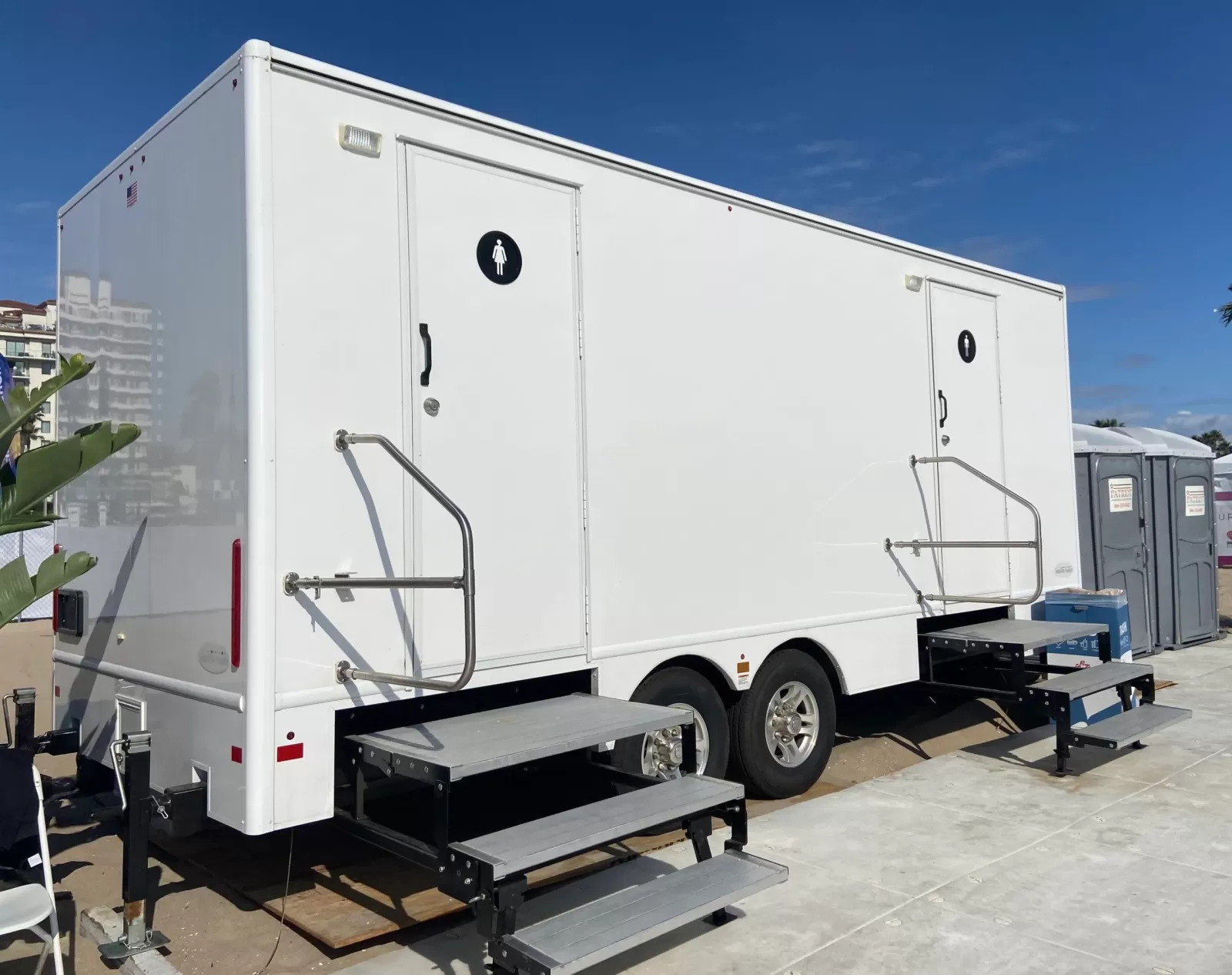 Executive portable restroom trailer onsite in Southern California.