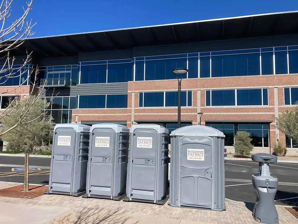 Portable toilets outside an office building