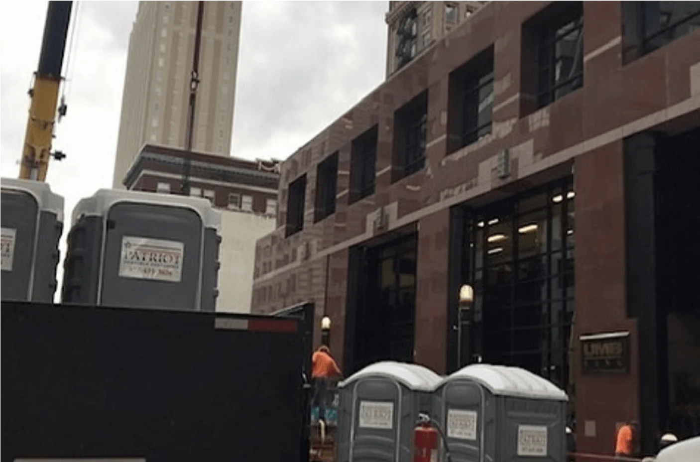 Portable toilets at an urban infrastructure construction site