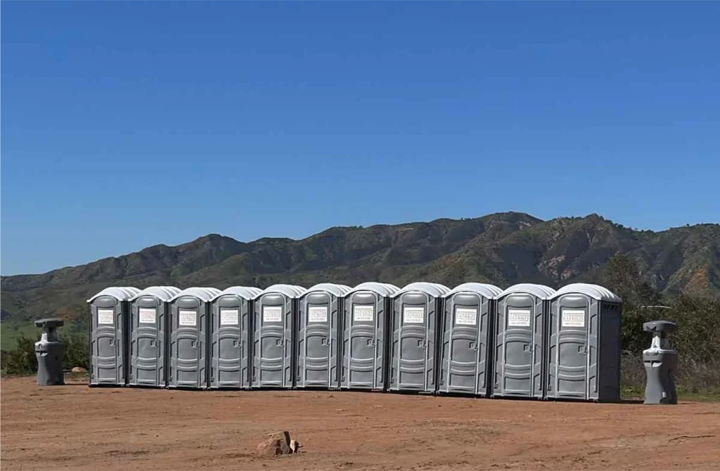 A picture of a row of our standard and deluxe sink porta potty rentals in the Hollywood Hills in Los Angeles.