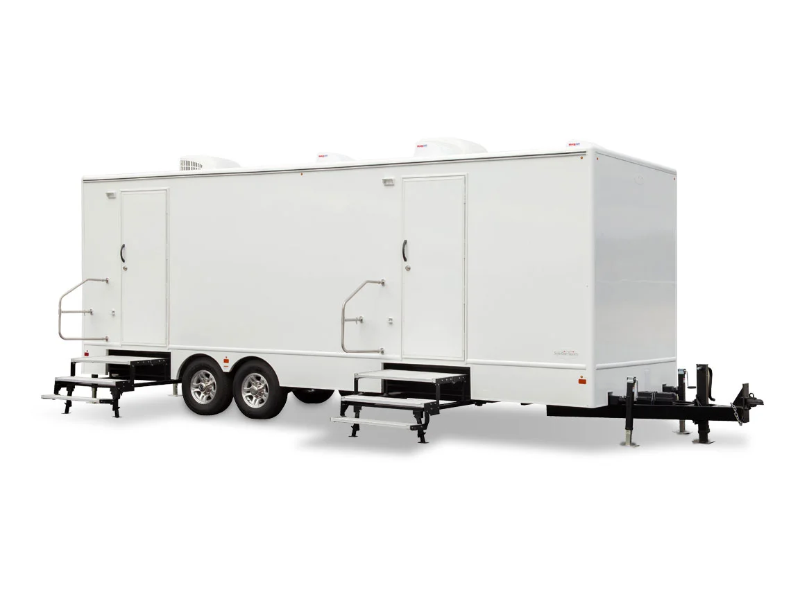 Patriot restroom trailer, exterior side view
