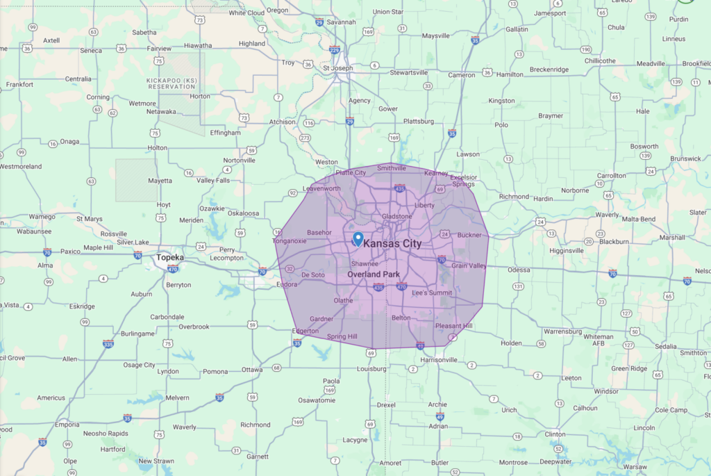A picture of a map, highlighting our service area in Kansas City.