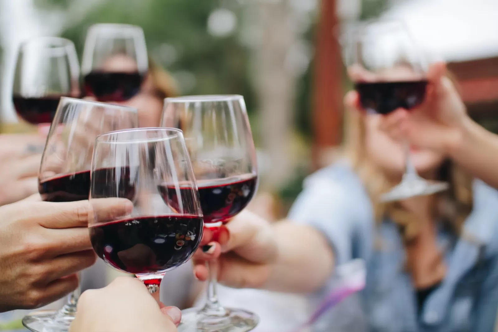 Guests toasting with red wine at an outdoor event