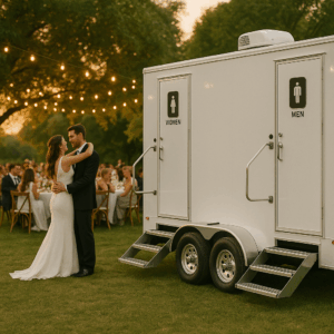 A luxury portable restroom trailer rental at a wedding in San Diego.