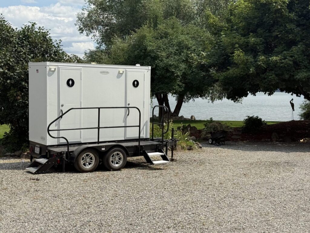 One of our 2-stall luxury restroom trailer rental at a wedding in Coeur d'Alene.