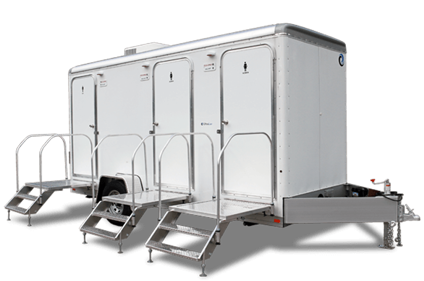 Patriot restroom trailer with entry steps and handrails
