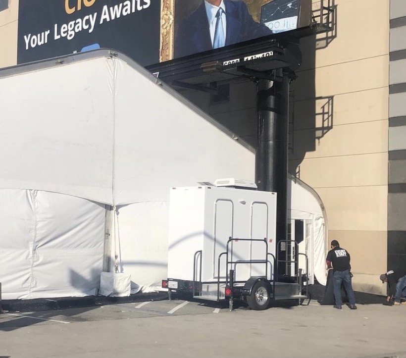 A 2-stall luxury portable restroom trailer rental on a TV set in Los Angeles, CA.
