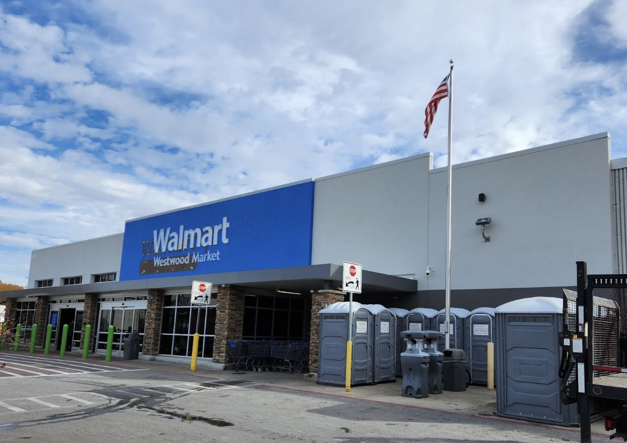 Portable toilets outside a Walmart store