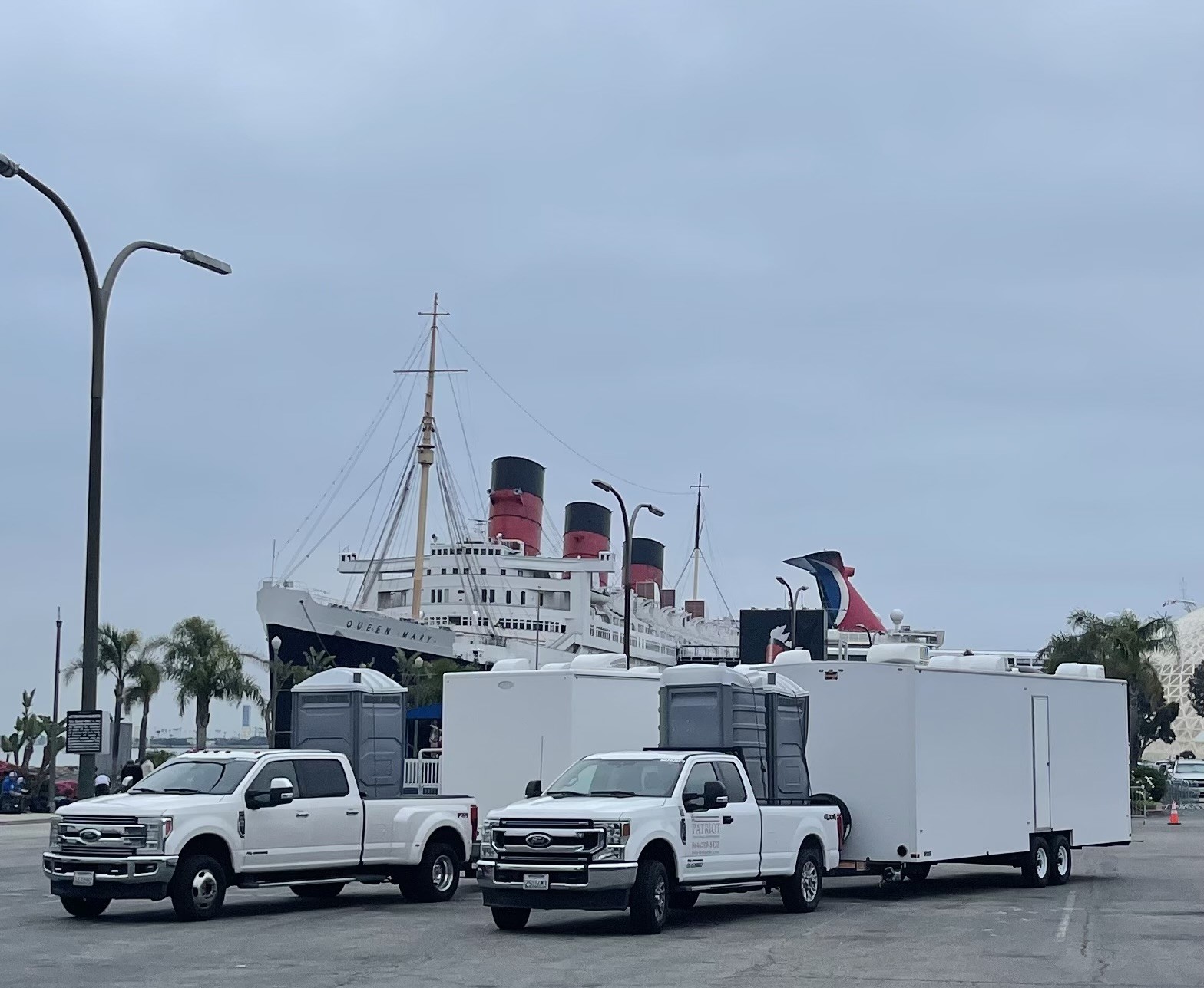 Our executive luxury restroom trailers and porta potties being delivered to a filming site in San Diego, CA.