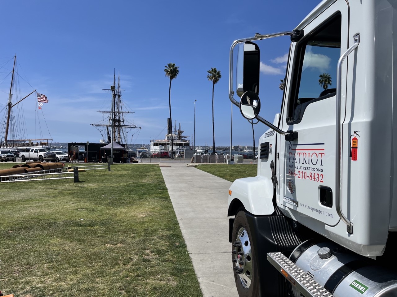 Patriot service truck at a waterfront location