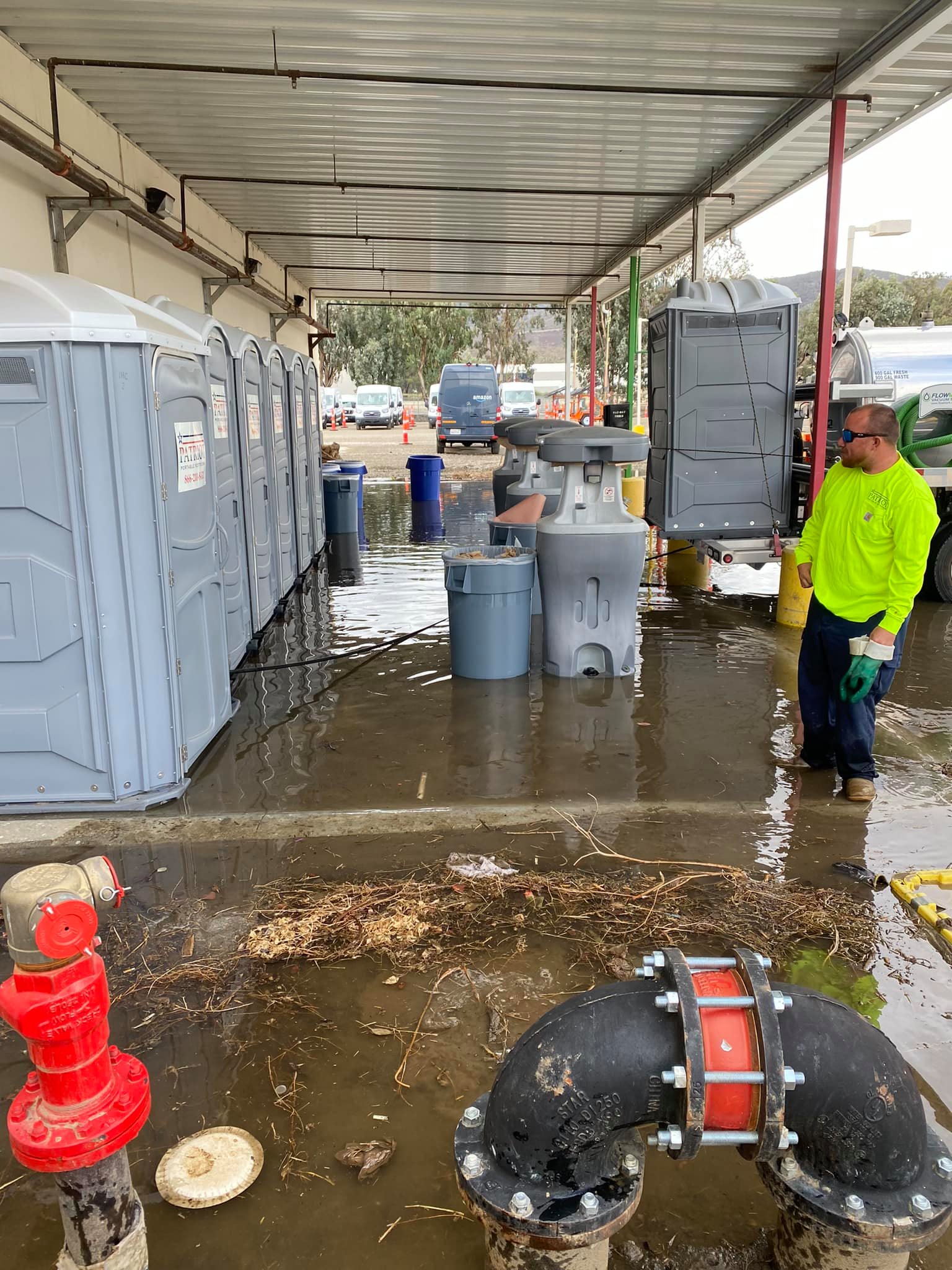 Disaster relief porta potty scene.