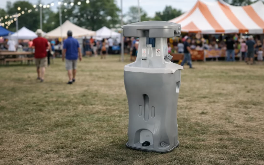 Portable handwashing station positioned at an outdoor festival with tents, lights, and attendees nearby.