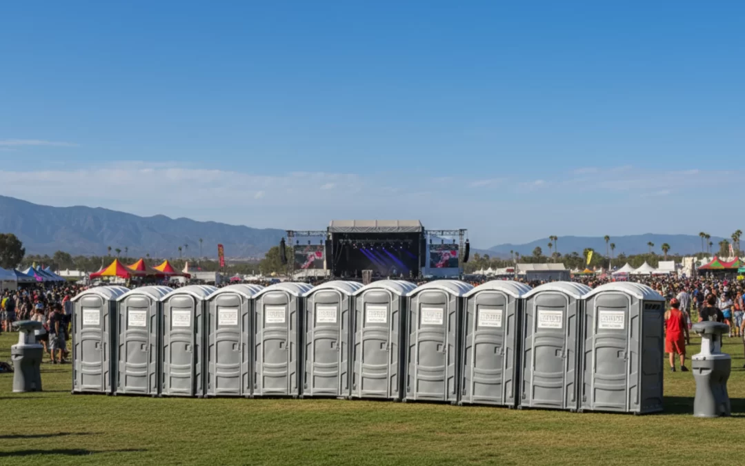 Festival crowd gathers beyond a line of gray portable toilets facing a distant concert stage