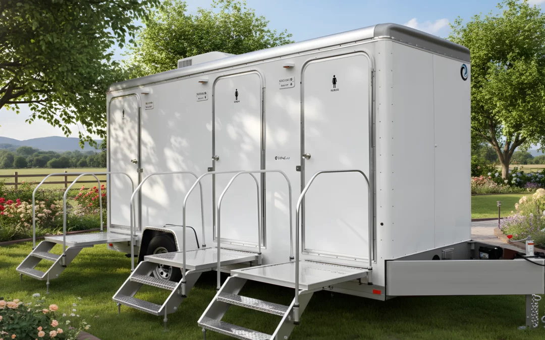 Elegant mobile restroom trailer with separate entrances stands on green lawn beside blooming garden.